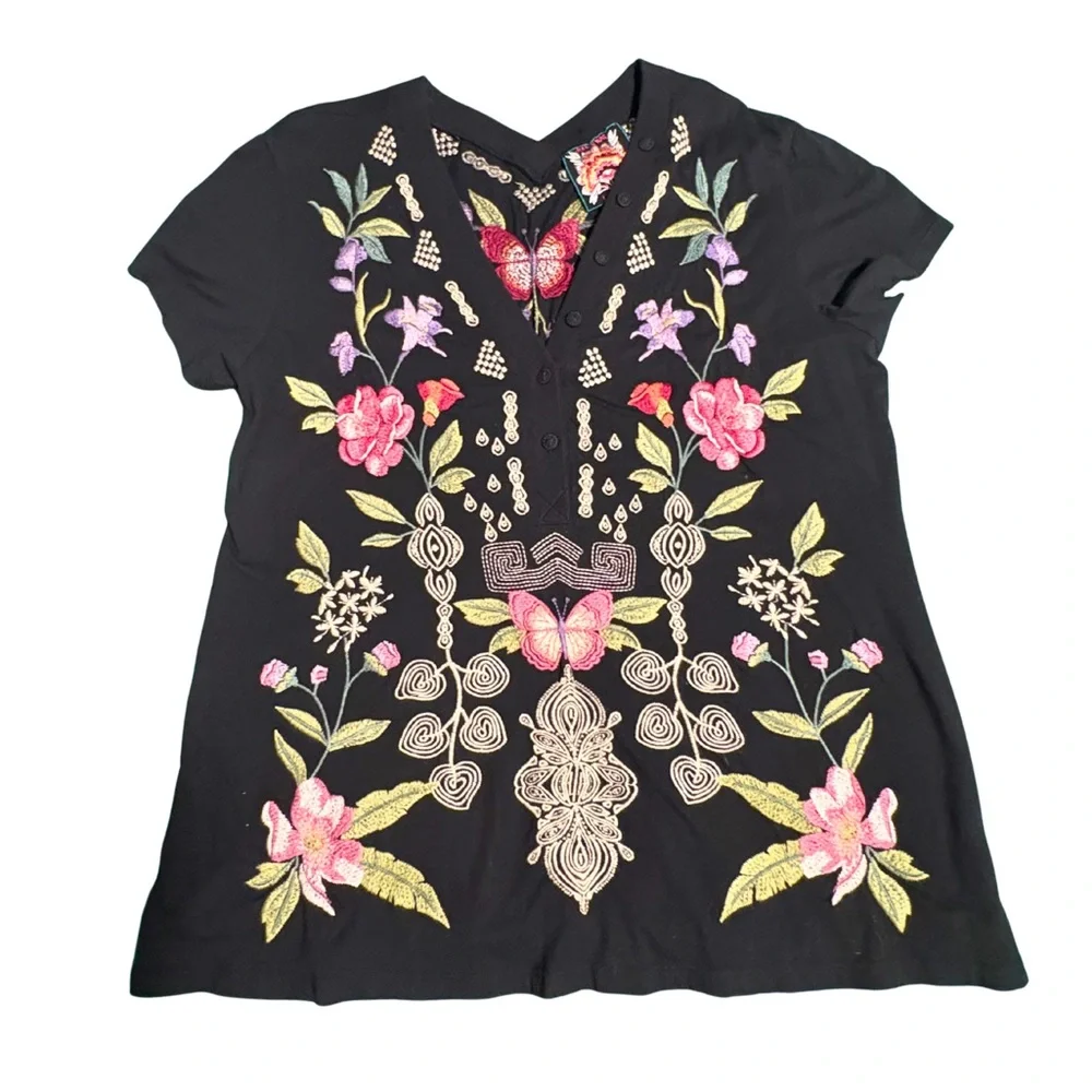 Johnny Was Embroidered Henley Cotton Shirt - L - Picture 2 of 6